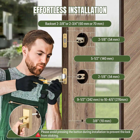 Installation guide for Built Tough Satin Brass Front Door Handle Set With Keys, highlighting measurements for precise fitting.
