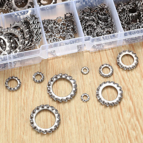 External tooth star lock washers set, stainless steel, assorted sizes, shown with a clear plastic organizer box.