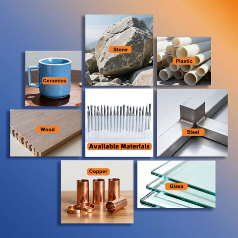 Various materials such as ceramics, stone, plastic, wood, steel, copper, and glass suitable for Pro Grade Carbide Rotary File Set use.