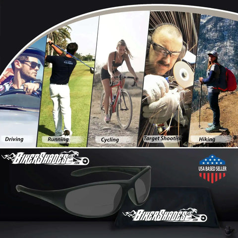 Go-To Wraparound Bifocal Safety Sunglasses For Cycling, Driving, Golf, And Outdoor Work shown in black frame with activities.