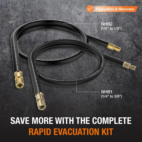 High Flow Refrigerant Hose for HVAC One Half Inch to One Quarter Inch Fittings Six Feet Long with gold connectors.