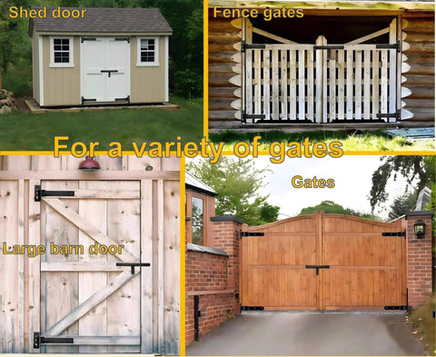 Heavy Duty T-Strap Gate Hinges 2 Pack, 900 Lb Load Capacity, 13 Inch Length, Thickened Solid Carbon Steel installed on shed, fence, barn door, and gate.
