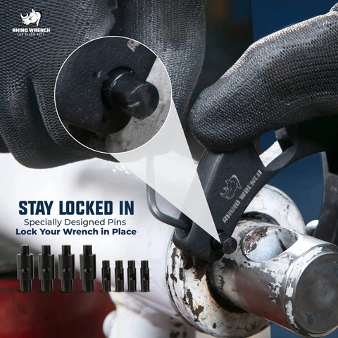 Close-up of a Gland Nut Wrench Set Of Two Adjustable Hydraulic Cylinder Spanners with locking pins on equipment