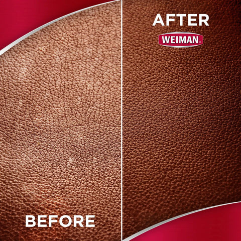 Before and after comparison of leather surface using Leather Care 3 In 1 Cleaner Conditioner And UV Protector For Cars Furniture Shoes Purses And Handbags 2 Pack With Microfiber Towel Included Premium Weiman.