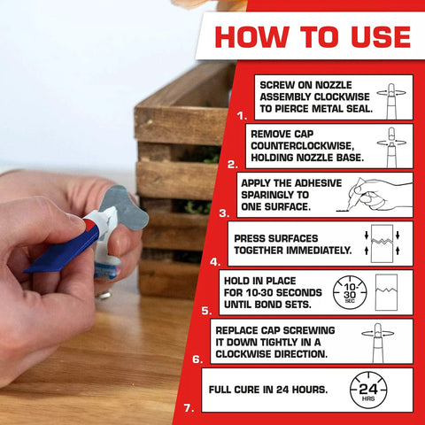 Clear Quick Dry Super Glue For Plastic Wood Metal 2 Pack Precise Piercing Tube with how-to-use instructions and hand applying glue