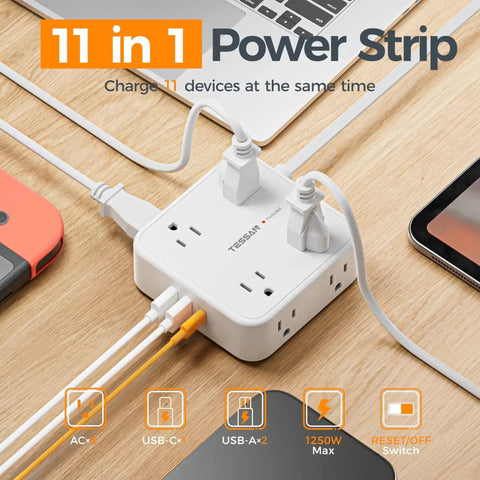 Surge Protector Power Strip With 8 Outlets And 3 USB Ports Including USB C 5 Ft Flat Plug 1250W 900J Surge Protection shown on desk