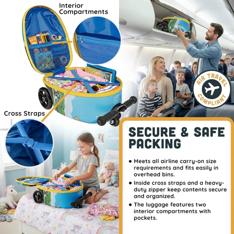 Kids Ride On Luggage With Built In Scooter, open to show interior compartments and cross straps, hardshell carry on in airplane