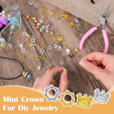 Hands crafting necklace with 60 Pcs Mini Crown Charms For Crafts 3D Hollow Queen Crown Beads in gold and silver for DIY jewelry projects