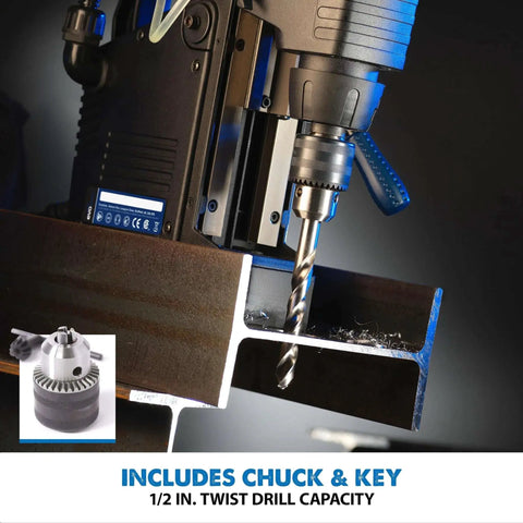 Magnetic Drilling System for Metal With One And Five Eighth Inch Diameter Capacity And Two Inch Depth 1200W Three Quarter Inch Shank For Annular Cutters Chuck Adaptor For Half Inch Drills Five Sixteenth Inch Stroke Coolant System Evolution EVOMAG42 drilling metal beam
