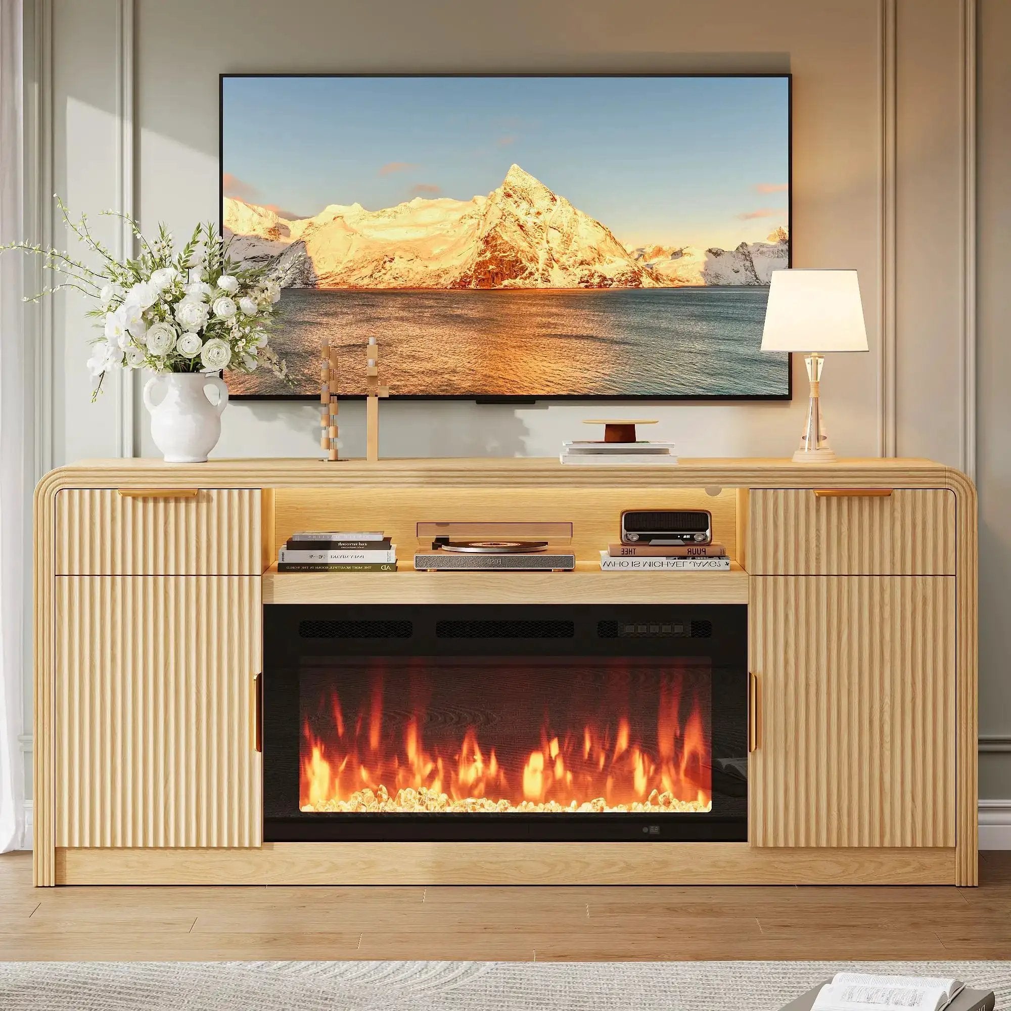 日立 32V型 TVL32-HP07サブスク対応 Fire Stick セット 70 Inch Fireplace TV Stand With Wavy Fluted Doors 🍁 &n