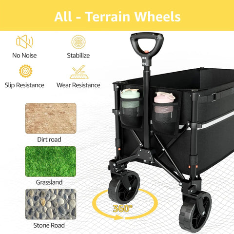 Collapsible Wagon Cart With 360 Degree Front Wheels 120L Heavy Duty Folding Utility Wagon for all-terrain use with ergonomic handle.