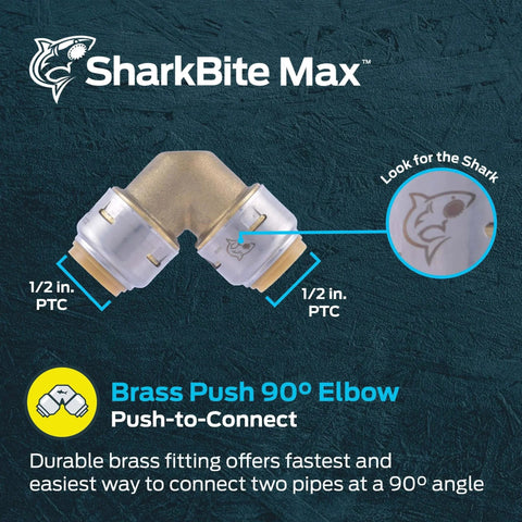 One Half By One Half Inch PTC 90 Degree Elbow Push To Connect Brass Plumbing Fitting UR248A with SharkBite Max logo.