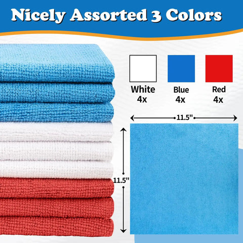 Ultra Absorbent Microfiber Cleaning Cloths Pack Of 12 For Cars And Home, Lint Free Scratch Free Towels, Reusable Shop Towels, 11.5 X 11.5 Inches showing blue, white, and red cloths