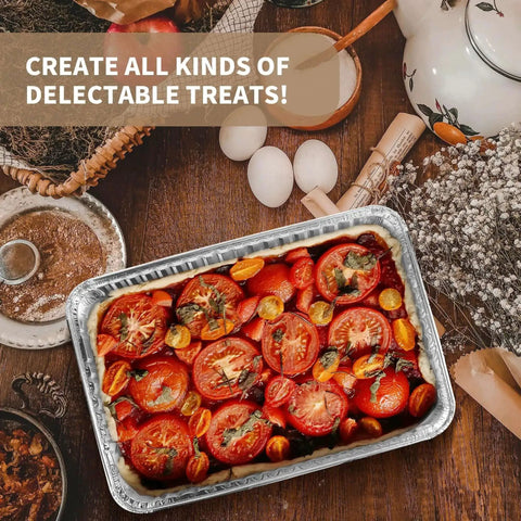 24 Pack Aluminum Disposable Cookie Sheets 16 By 11 Inch For Baking And Roasting Grilling Pans with roasted tomatoes inside