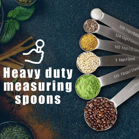 Must Have Sturdy Stainless Steel Measuring Spoons Set Of 6 With Metric And US Measurements displayed with various ingredients