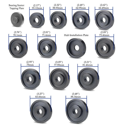 Adapter plates of 25 Piece Master Front Wheel Drive Bearing Puller Removal And Installer Adapter Kit with dimensions for various uses