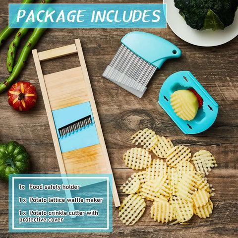 Three Piece Waffle Fry Cutter Set With Potato Lattice Maker Crinkle Cutter And Wavy Carrot Slicer Stainless Steel Knives With Protective Cover And Food Safety Holder For Home Kitchen Veggies displayed on a wooden table
