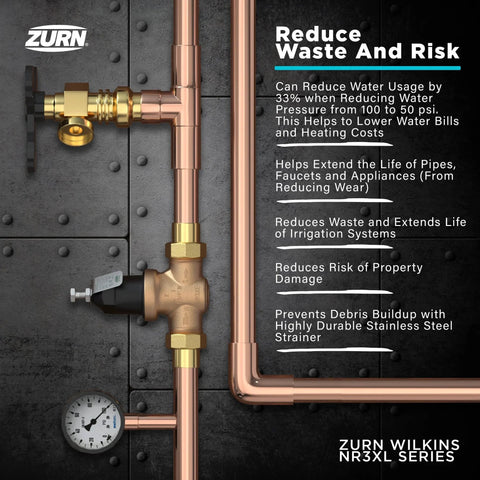 One And A Quarter Inch NR3XL Pressure Reducing Valve With Double Union FNPT Connection For Potable Water Cartridge Loaded Design Built To Last Tailpiece Options Include Threaded PEX Copper Sweat CPVC Stainless Steel Strainer By Zurn Wilkins installed on copper piping system.