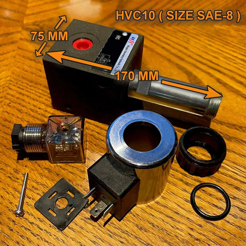 Hydraulic Solenoid Selector Diverter Valve for Directional Spool Flow Control 3 Port SAE 8 12V DC with components on wooden surface