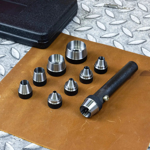 Interchangeable Large Hollow Hole Punch Tool Set, 10 Piece for Gasket Making and Leather Punching with Carrying Case displayed on table