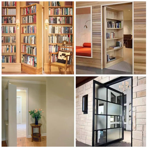 Self Closing Pivot Door Hinge, Heavy Duty Hidden Door Hardware For Wood Secret Doors, shown installed in various room settings.