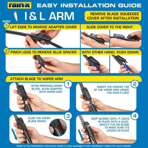 Installation guide showing step-by-step process for installing Water Repellent Wiper Blades 22 Inch Pack of 2 for Clearer Rain Visibility.
