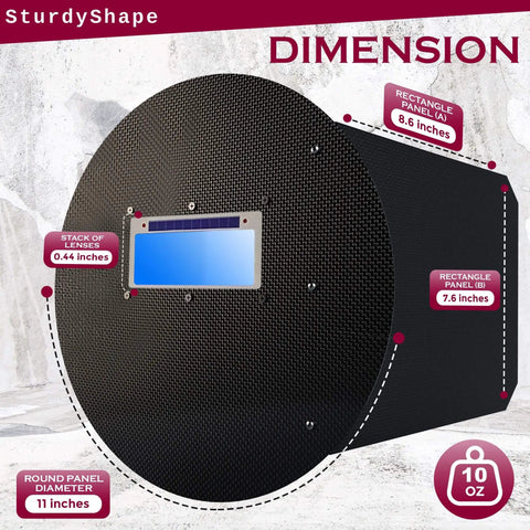 Front view of Ultralight Pancake Welding Hood with 10oz Carbon Fiber Panels for Pipeline Welders featuring dimensions.