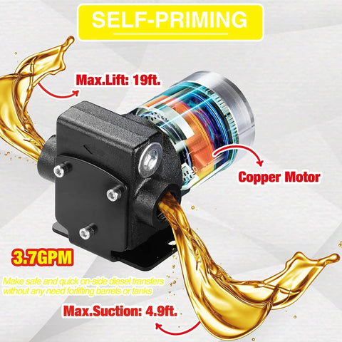 110V AC Self Priming Fuel Transfer Pump For Gasoline Diesel Kerosene With Reversible Pumping Switch High Efficiency 3.7 GPM Lift 19 Feet Suction 4.9 Feet Explosion Proof Construction Ideal For On Site Oil Transfers featuring copper motor and oil transfer visuals