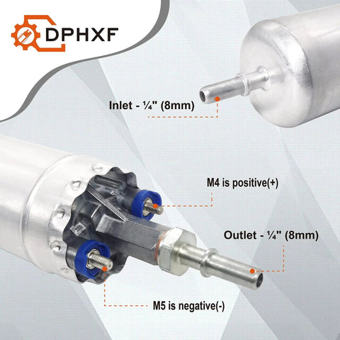 External Electric Fuel Pump Beefed Up For 1983 To 1991 Ford F Series F150 F250 F350 E150 E250 E350 Lincoln Continental Mustang Ranger LTD Thunderbird Mercury Marquis High Flow Rotor Design For Stable Performance And Superior Cooling showing inlet, outlet, and connections