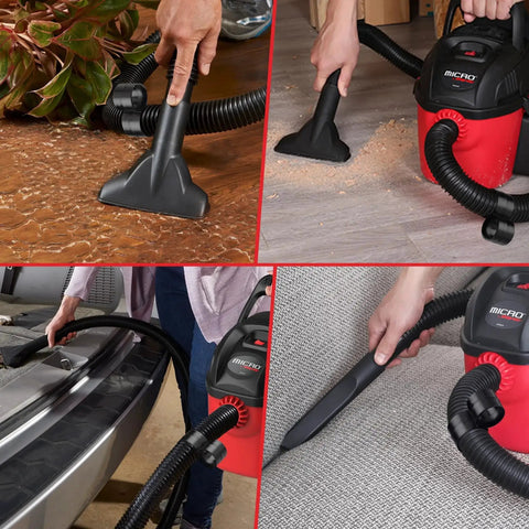 Beefy 4 Ft Vacuum Hose 1-1/4 Inch Diameter for Wet Dry Vacuums in use on countertops, flooring, cars, and upholstery cleaning.