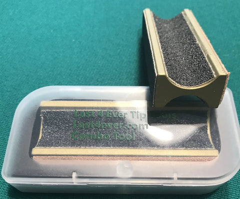 All In One Cue Tip Tool With Dime Radius And Nickel Radius For Precise Tip Shaping And Consistent Spin Control Built For Pool Hall Pros And Everyday Players Last4Ever Combo Model, shown with case on a green surface