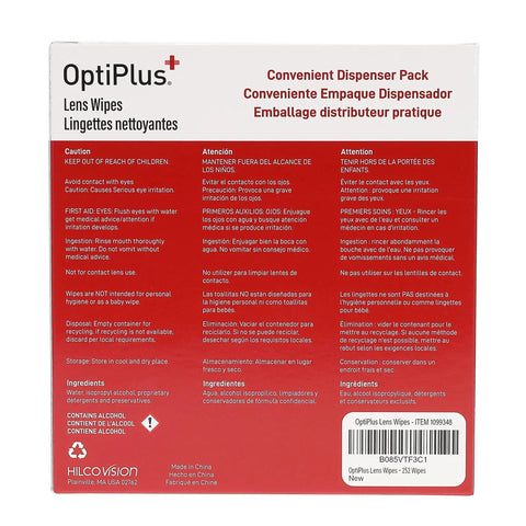 Back view of OptiPlus pre-moistened eyeglass lens wipes package with instructions and caution text in multiple languages.