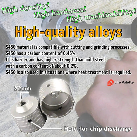 Two metal saw blades for Five-In-One Hole Saw Kit with 7.9 Inch Pilot Drill, showing high-density alloy material with chip discharge hole.