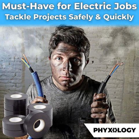 Phyxology black electrical tape, 3/4 in x 60 ft, UL rated PVC vinyl, 10-roll pack; person holding exposed wire cables.