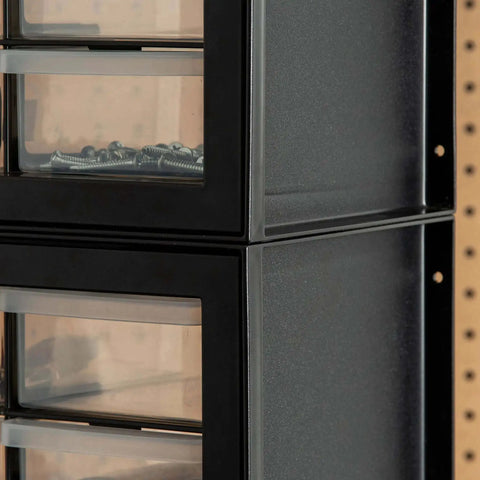 Close-up of Small Parts Storage Cabinet With 44 Drawer Organizer For Screws Nuts Bolts Electronics Hardware Beads Crafts And More, Built Tough Made In USA Stackable Black Boss Grade showing stacked units with clear drawers.