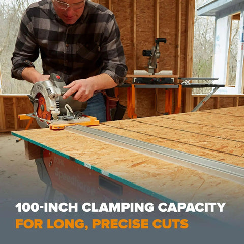 100 Inch Clamp Edge Saw Guide For Straight Cuts Aluminum Track Rail With Dual T Tracks 50 Inch Clamp Edge Plus 50 Inch Extension Pro Grade Setup Saver For Plywood And Large Sheet Materials in use on plywood with saw.