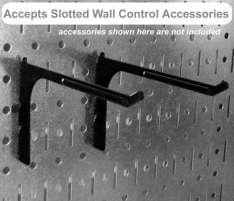Black metal pegboard runner with slotted accessory hooks on Narrow Pegboard Rack 8 Inch By 32 Inch for garage and shop organization.