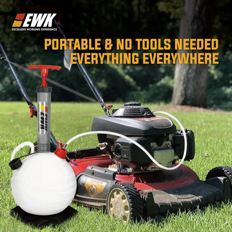 6L Vacuum Oil Extractor Pump With Long Reach Hose for auto and marine oil change next to lawn mower on grass