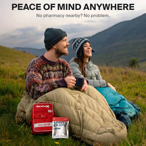 Couple in outdoor setting with On The Go Travel Medicine Kit With TSA Approved Compact Pack for camping and emergencies.