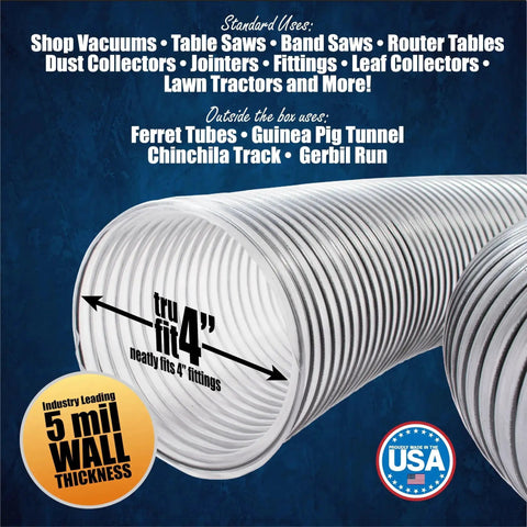 4 Inch By 20 Foot PVC Dust Collection Hose For Woodworking Thickened Puncture Resistant Clear PVC Fume And Dust Duct Flexible See Through Design With Carbon Steel Wire Reinforcement Made In USA displayed with 4-inch fitting size label.