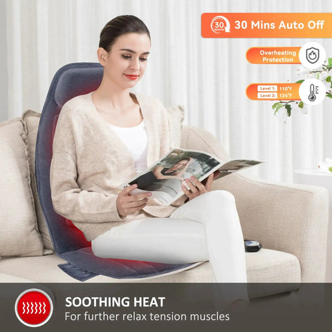 Woman using Cozy Massage Seat Cushion with Heat and Memory Foam Neck and Lumbar Support, 10 Vibration Motors, home relaxation setup