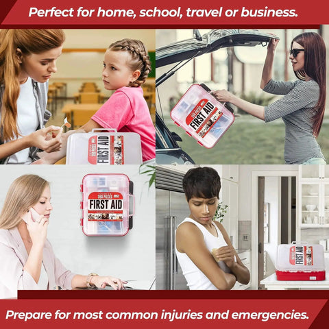 Professional 350 Piece First Aid Kit With Wall Mountable Dual Layer Hard Case used by people in various settings and emergencies.