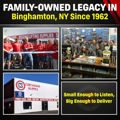 Chenango Supply storefront collage with staff in red shirts, exterior sign, and interior hardware displays