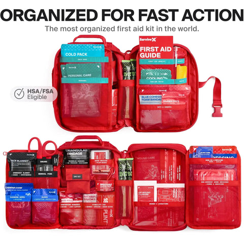 Large Pro First Aid Kit For Car Travel And Home organized with labeled compartments and emergency supplies.