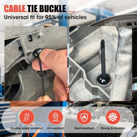 100 Piece Upgraded Nylon Cable Tie Buckle Universal Heavy Duty Self Locking Fasteners Kit installed on vehicle panel