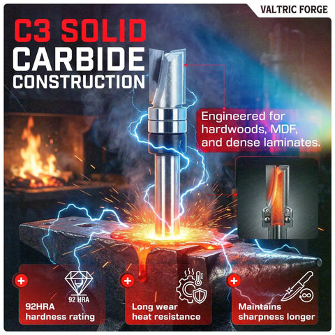 Down Cut Flush Trim Router Bit With One Quarter Inch Shank, Three Eighths Inch Cutting Diameter, displayed with C3 solid carbide construction features.