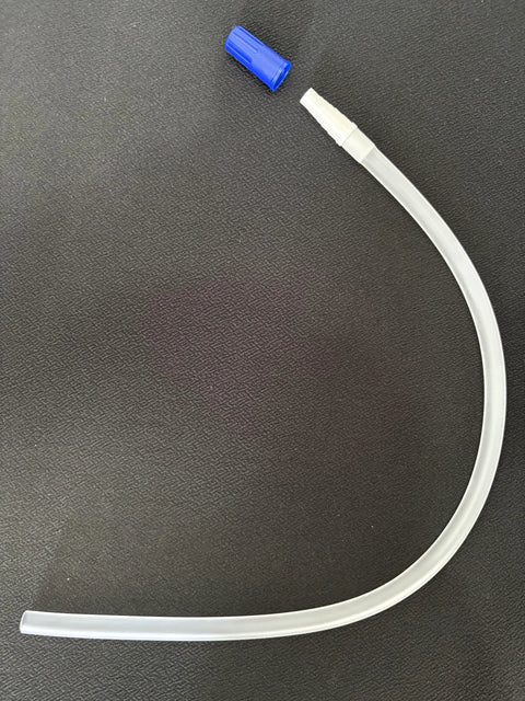 Clear leg bag extension tubing, 18 inch, medical-grade silicone, latex-free, with blue connector cap