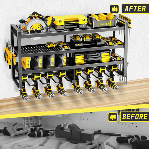 Heavy Duty Power Tool Organizer Wall Mount With Four Tier Storage And Eight Drill Holders, organized garage tools