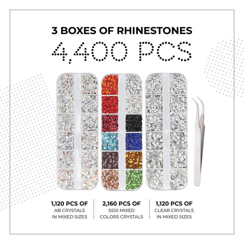 Hotfix Rhinestone Bedazzler Kit includes 4400 rhinestones in assorted colors and tweezers for DIY bling on accessories.