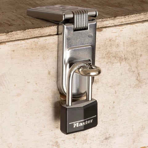 Black Covered Aluminum Lock with Key for Gym Lockers and Outdoor Use securing a toolbox with a long shackle padlock